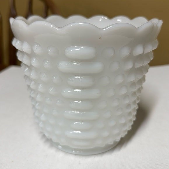 Anchor Hocking Fire King Milk Glass Hobnail & Bars Planter Bowl 5.5" Tall - Picture 2 of 4